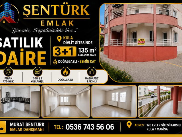 KULA/MANİSA'DA SATILIK 3+1 ZEMİN KAT 135 M2 DAİRE TEMİZ BAKIMLI FERAH KULLANIŞLI