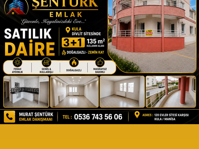 KULA/MANİSA'DA SATILIK 3+1 ZEMİN KAT 135 M2 DAİRE TEMİZ BAKIMLI FERAH KULLANIŞLI