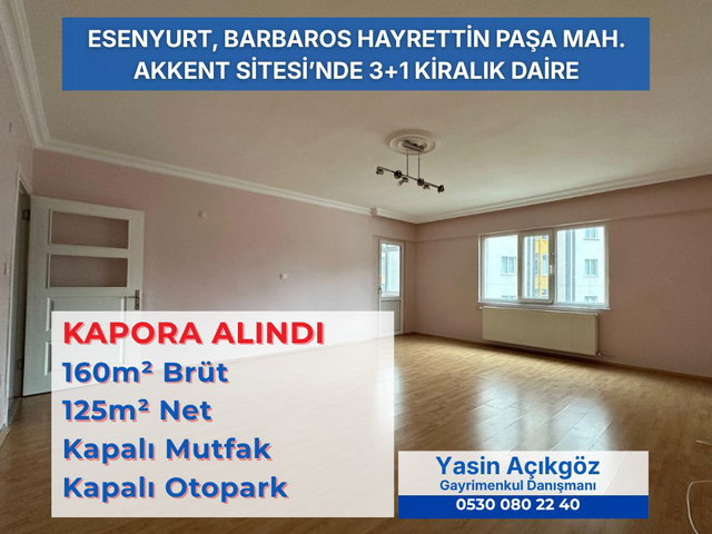 B.HAYRETTIN PAŞA AKKENT SITESI'NDE 3+1 KIRALIK DAIRE E. BANYOLU