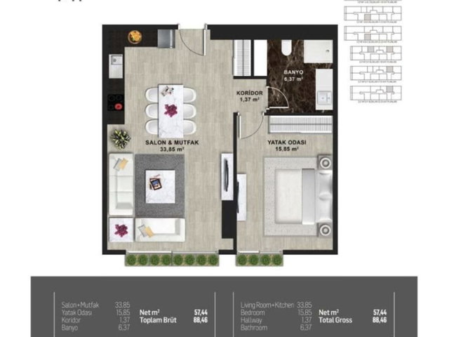 FİKİRTEPE MİNA TOWERS 9. KAT  GENİŞ I TİPİ NET 58 M² 1+1 DAİRE