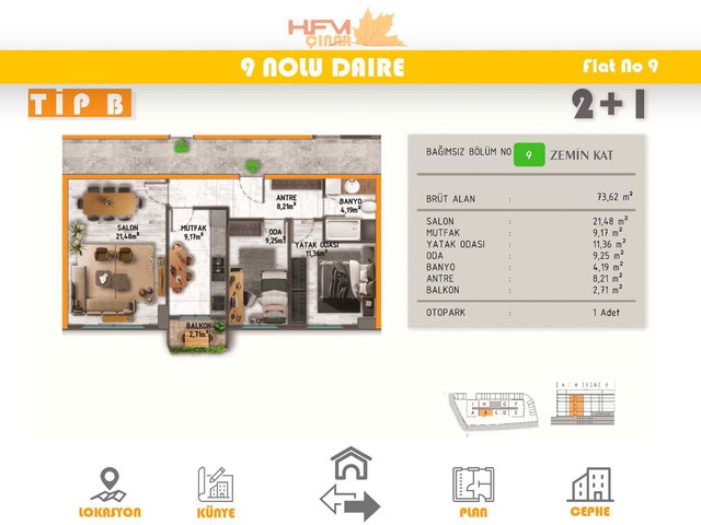 PENDİK HFM ÇINAR PROJESİ'NDE MODERN TASARIMLI 2+1 96 M² DAİRE