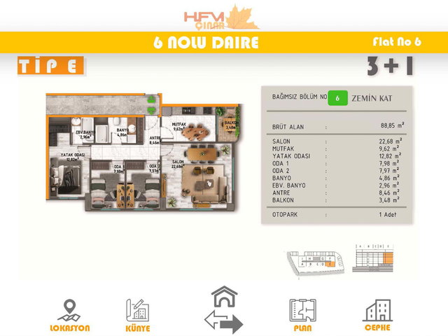 HFM ÇINARDA MODERN TASARIMLI, 116 M² YERDEN ISITMALI 3+1 DAİRE