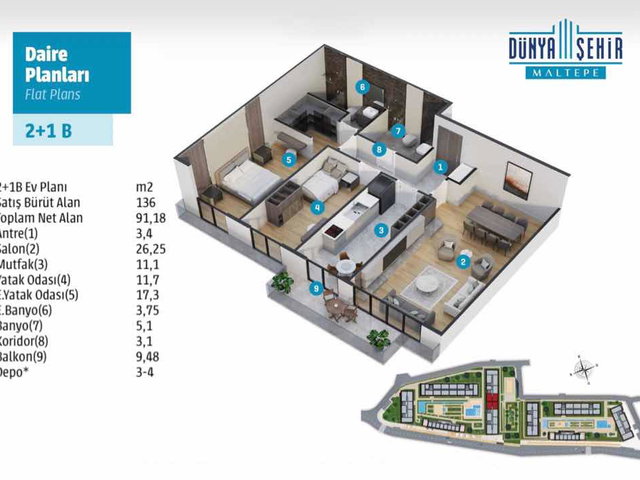 DÜNYA ŞEHİR MALTEPE’DE | KİRALIK | 2+1 B TİPİ DAİRE