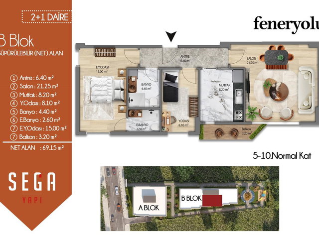 FENERYOLUNDA,'VADELİ ÖDEME' PROJEDEN SATILIK 2+1, 70M² NET DAİRE