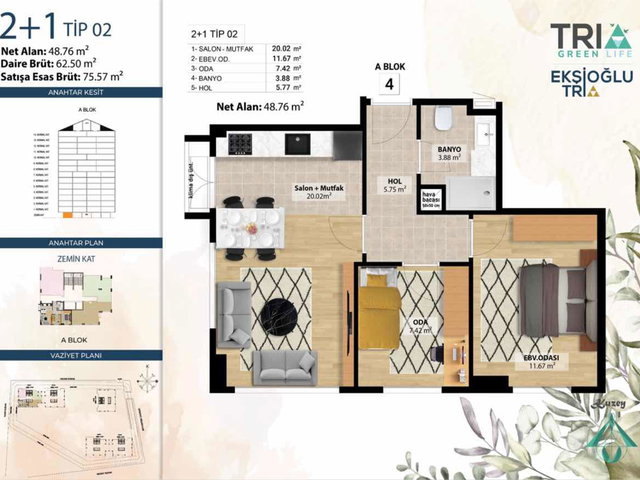 KARTAL ATALAR TRIA GREEN LIFE | MARMARAY'A 4 DK EKİM SONU TESLİM 2+1