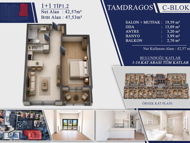 NK TAMDRAGOS İSKANLI SIFIR ZEMİN KAT 62M² BALKONLU 1+1 LOFT DAİRE