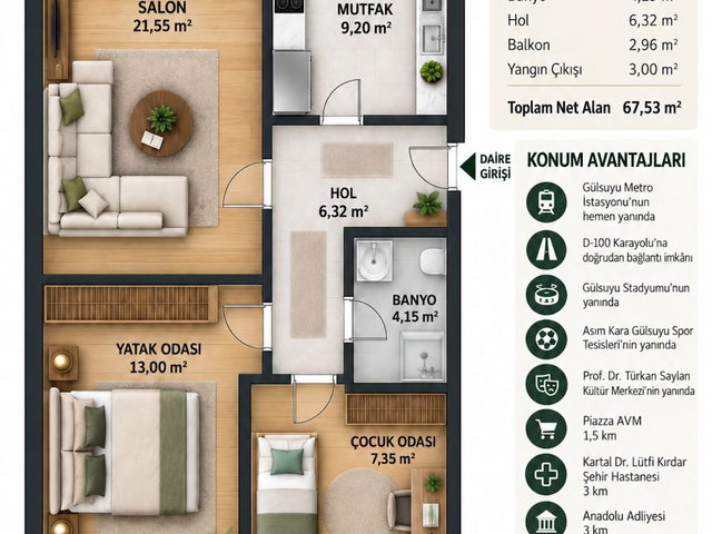 GÜLSUYU METRO DURAĞINDA SATILIK SIFIR 2+1 DAİRE