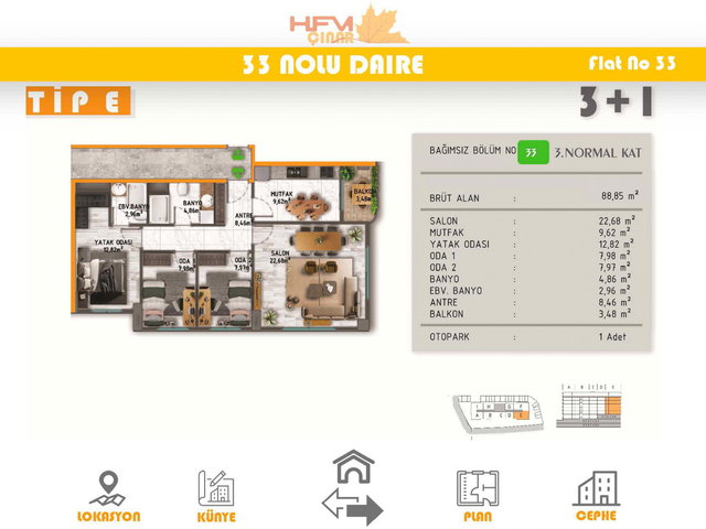 HFM ÇINAR'DA 3+1 EBEVEYN BANYOLU FIRSAT 116 M² DAİRE
