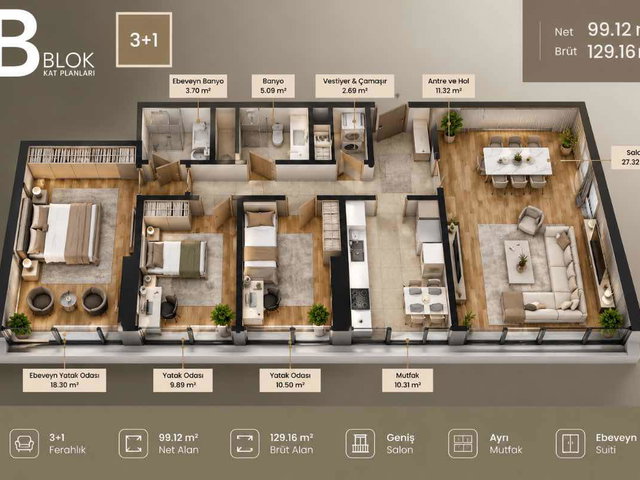 FİKİRTEPE TEKNİK YAPI UPLİFE SİTESİ, 129 M2 SATILIK 3+1 DAİRE
