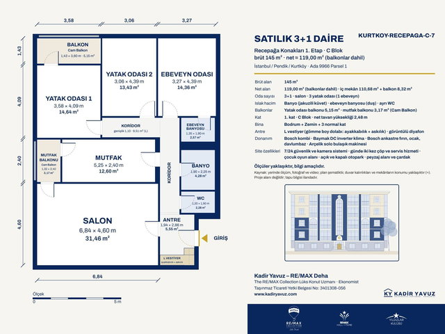 PENDİK KURTKÖY RECEPAĞA KONAKLARI'NDA SATILIK 3+1 DAİRE 145 M²